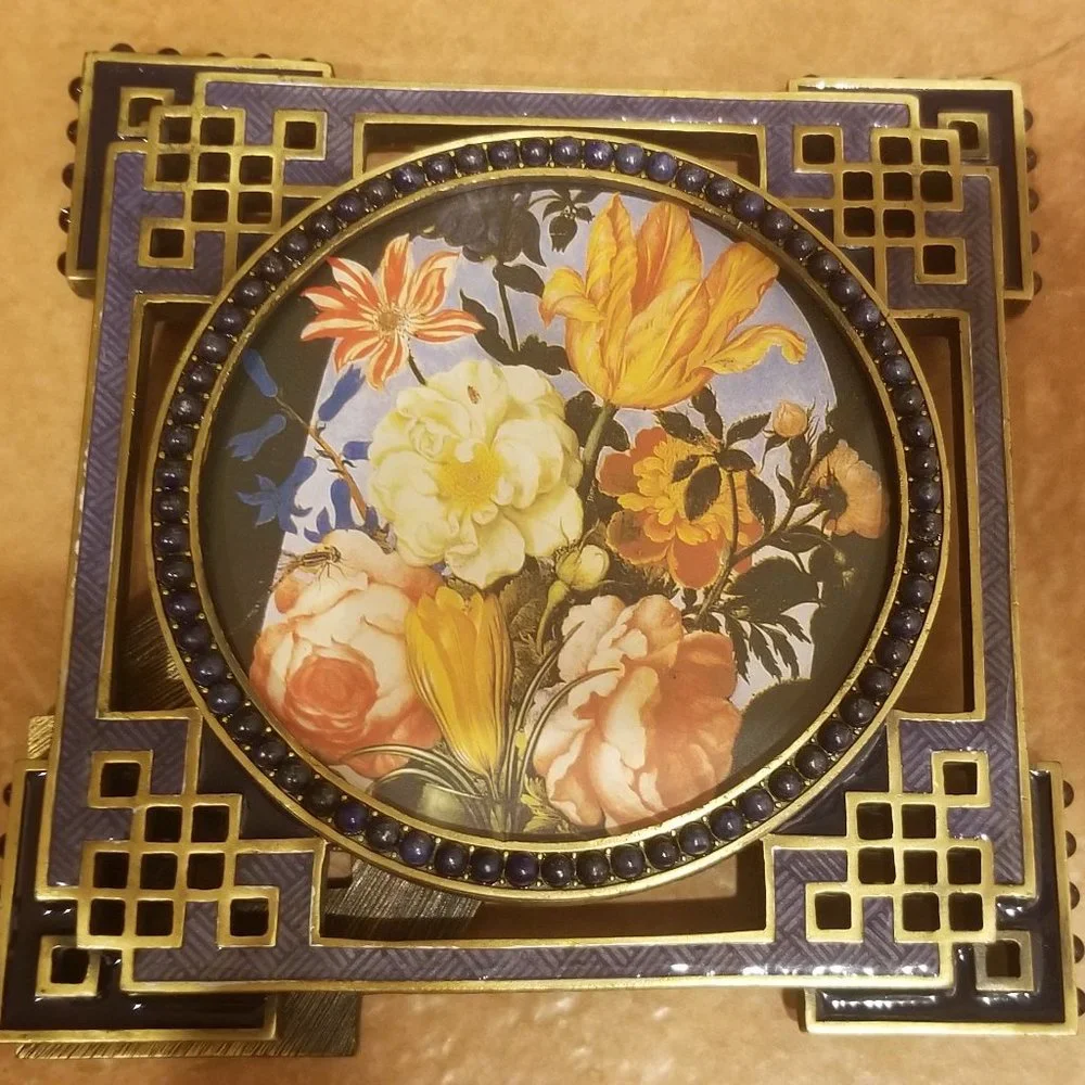 RARE JAY STRONGWATER CHINOISERIE DECO TAO FRETWORK CABOCHON STONE ENAMEL FRAME